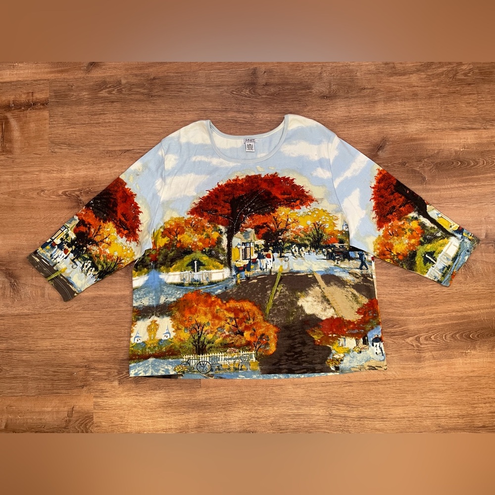 Graff Womens Artsy All Over Print Blouse Top Sz 3X Beaded Art To Wear 3/4 Sleeve